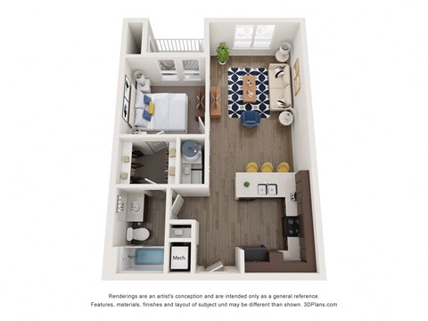 a stylized floor plan of a 1 bedroom floor plan